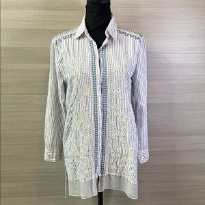 Johnny Was 3J Workshop Striped Floral Embroidered Button Down Top White Blue